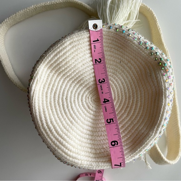 Artisan Boho Crochet Macrame Drawstring Ivory Bag with Tassels and Rhinestones - Picture 9 of 12